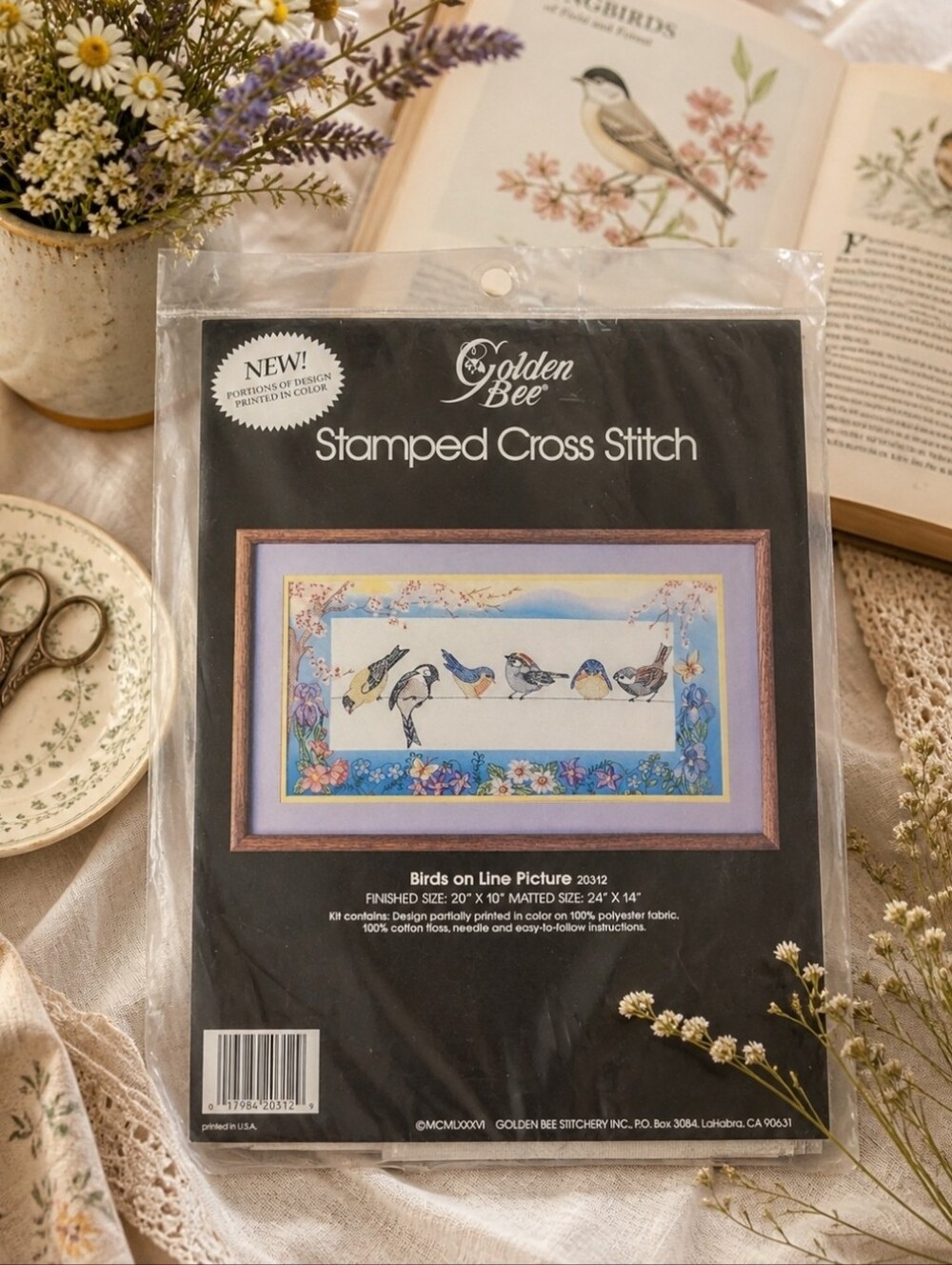 VTG 1986 Golden Bee Birds Cross Stitch Kit NIP 🐦 Stamped Complete Cottagecore